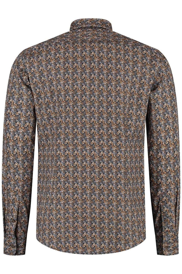 Overhemd Blumfontain bloemprint navy-bruin achteraanzicht, comfortabele en ademende katoenen stof.