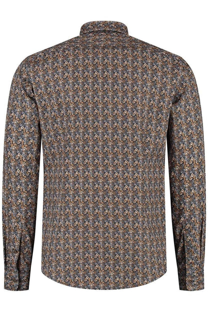 Overhemd Blumfontain bloemprint navy-bruin achteraanzicht, comfortabele en ademende katoenen stof.