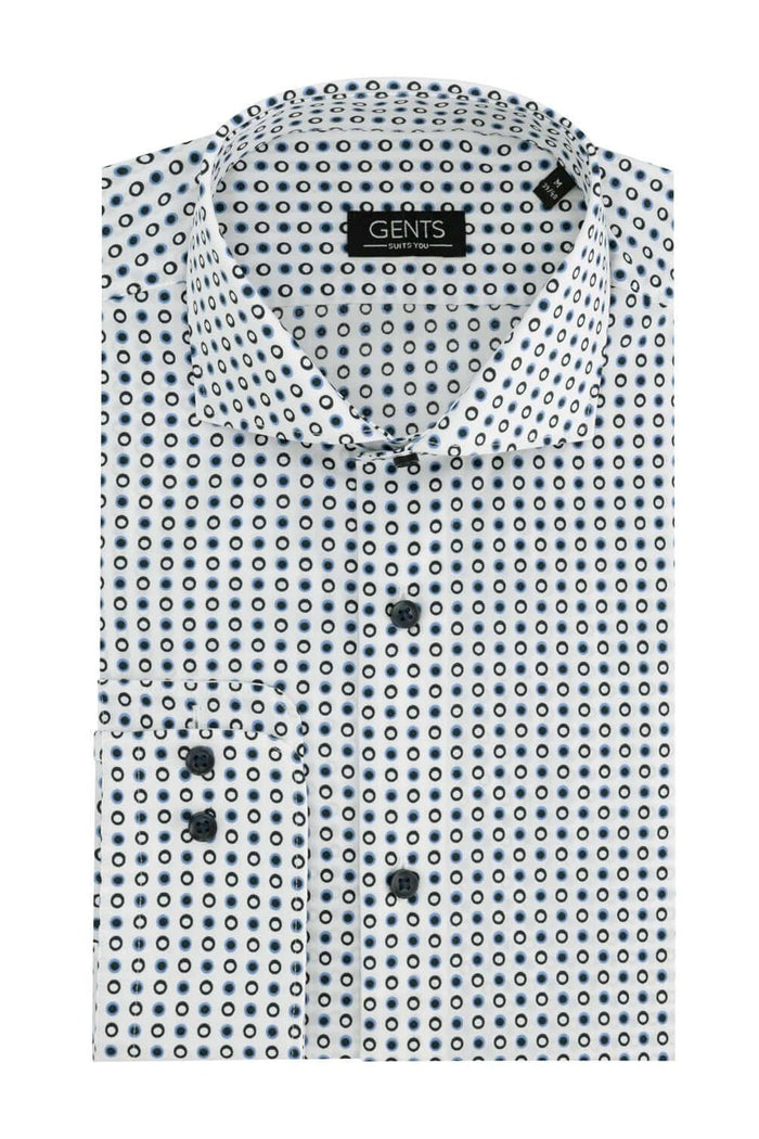 Overhemd bolletjes blauw-wit, klassiek katoenen overhemd met blauw-witte bolletjes, strak afgewerkt.
