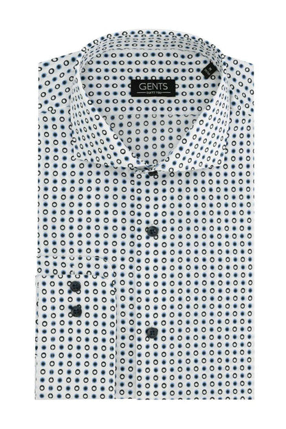 Overhemd bolletjes blauw-wit, klassiek katoenen overhemd met blauw-witte bolletjes, strak afgewerkt.