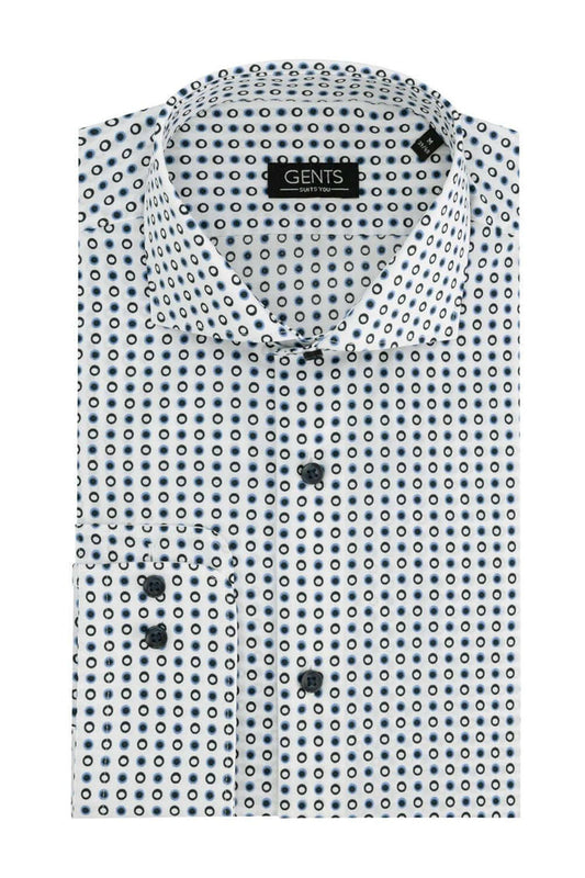Overhemd bolletjes blauw-wit, klassiek katoenen overhemd met blauw-witte bolletjes, strak afgewerkt.