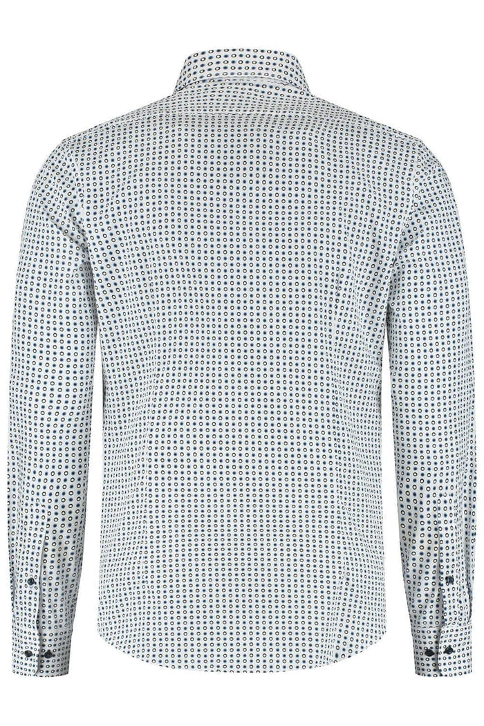 Overhemd bolletjes blauw-wit, klassiek cotton shirt met blauw-witte bolletjes aan de achterkant.