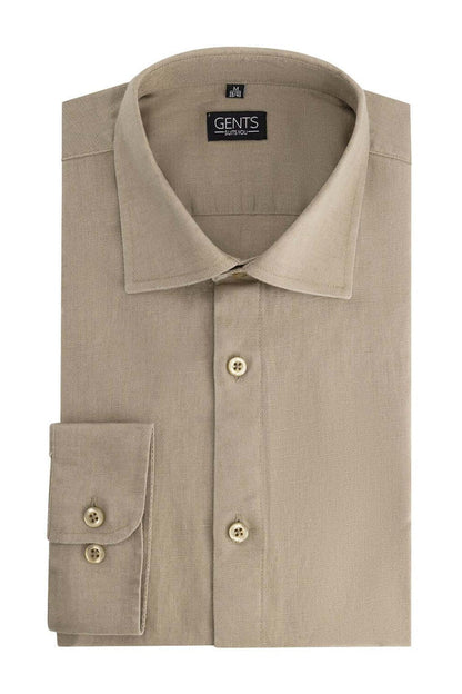 Overhemd linnen-katoen taupe, ademend en comfortabel, met klassieke kraag en knoopsluiting.