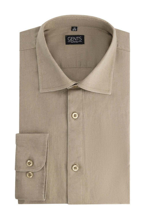 Overhemd linnen-katoen taupe, ademend en comfortabel, met klassieke kraag en knoopsluiting.