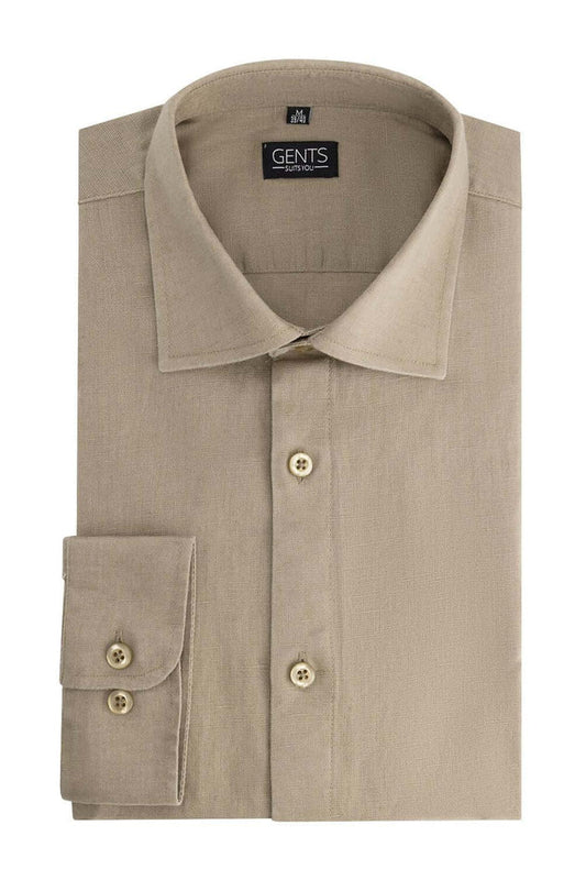 Overhemd linnen-katoen taupe, ademend en comfortabel, met klassieke kraag en knoopsluiting.