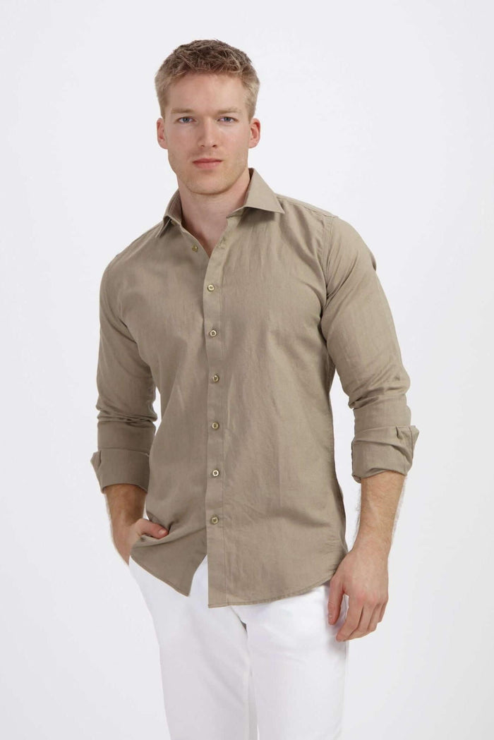 Overhemd linnen-katoen taupe met klassieke kraag, ideaal voor kantoor en casual styling.