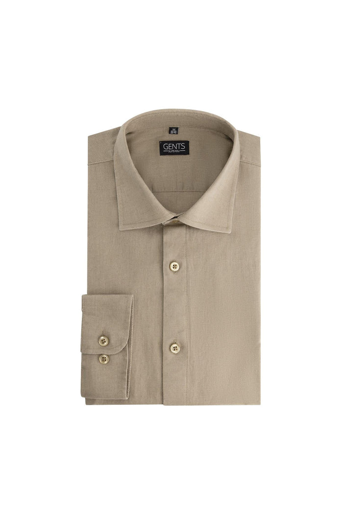 Overhemd linnen-katoen taupe met klassieke kraag en knoopsluiting, ideaal voor kantoor en casual.