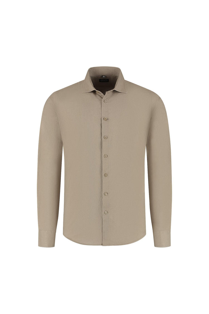 Overhemd linnen-katoen taupe met klassieke kraag en knoopsluiting voor kantoor en casual gebruik.