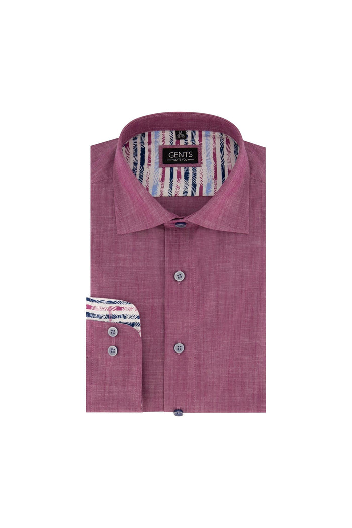 Overhemd linnenlook cerise, rood katoenen overhemd met linnenlook en semi-spread kraag.