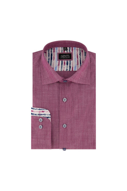 Overhemd linnenlook cerise, rood katoenen overhemd met linnenlook en semi-spread kraag.