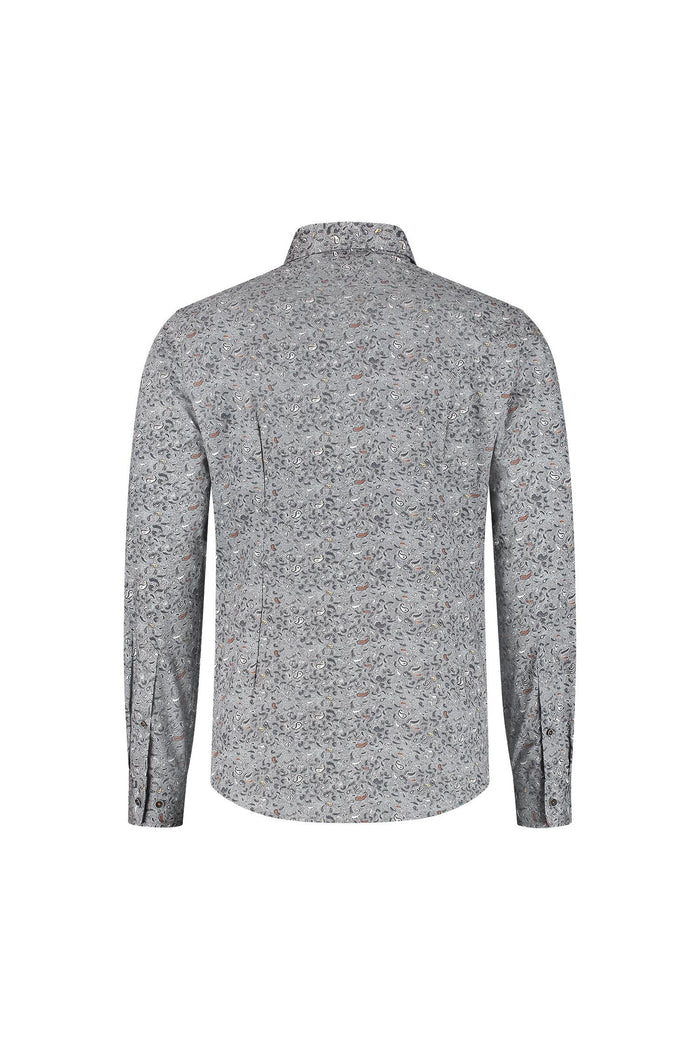 Overhemd Paisleyprint zwart-grijs, katoenen shirt met ademende paisleyprint, stijlvolle achterkant.