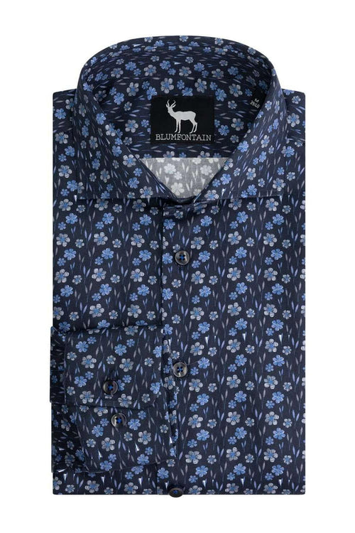 Overhemd print bloem blauw - modern regular-fit overhemd met donkerblauwe bloemendessin van katoen.