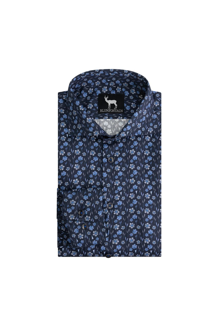 Overhemd print bloem blauw, modern donkerblauw bloemendessin shirt van katoen, regular-fit stijl.