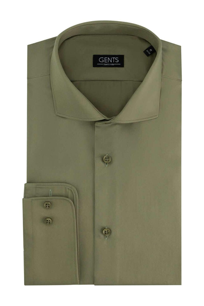 Overhemd satijn olijfgroen, katoenen shirt met subtiele glans en satijnbinding, van GENTS.