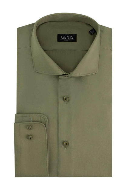 Overhemd satijn olijfgroen, katoenen shirt met subtiele glans en satijnbinding, van GENTS.