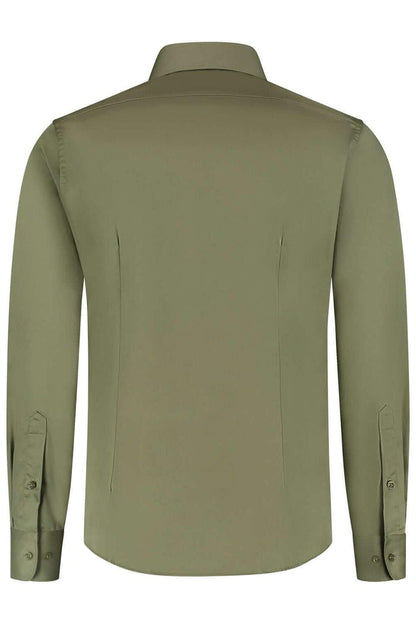 Overhemd satijn olijfgroen, katoenen shirt met satijnbinding en subtiele glans, gezien van achteren.