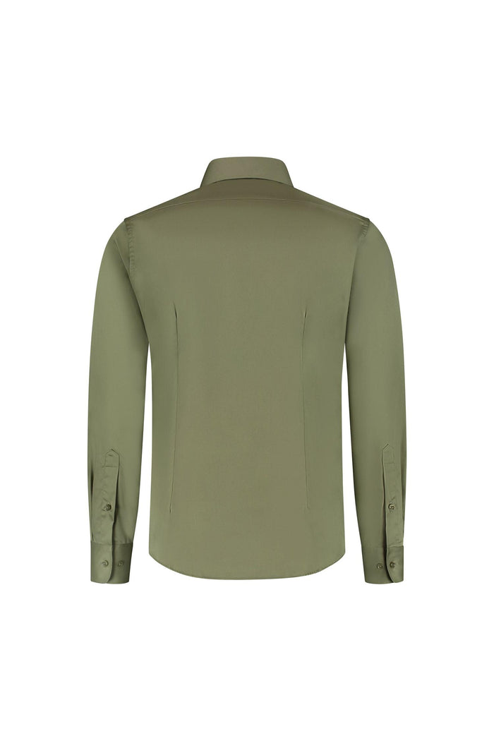 Overhemd satijn olijfgroen, katoenen shirt met satijnbinding in olijfgroen, achteraanzicht.