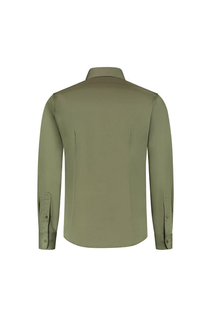 Overhemd satijn olijfgroen, katoenen shirt met satijnbinding in olijfgroen, achteraanzicht.