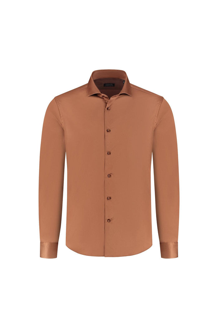 Overhemd satijn roestbruin, ademend katoenen shirt met subtiele glans in een warme roestbruine kleur.