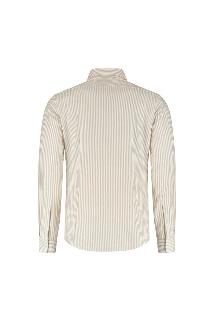 Overhemd streep wit-beige, katoenen Lyocell overhemd met knoopsluiting, achteraanzicht.