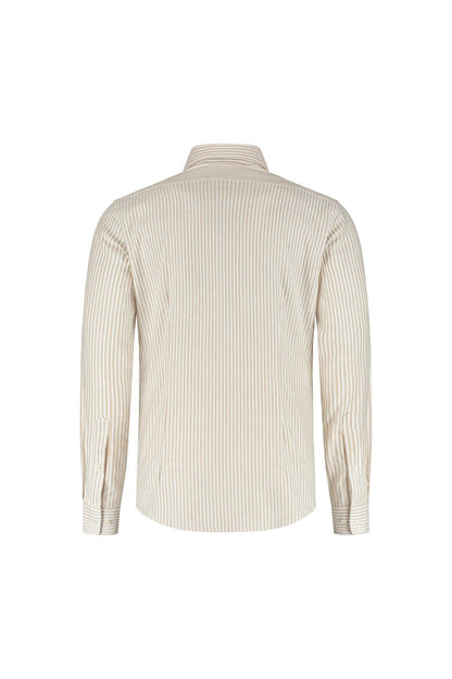 Overhemd streep wit-beige, katoenen Lyocell overhemd met knoopsluiting, achteraanzicht.