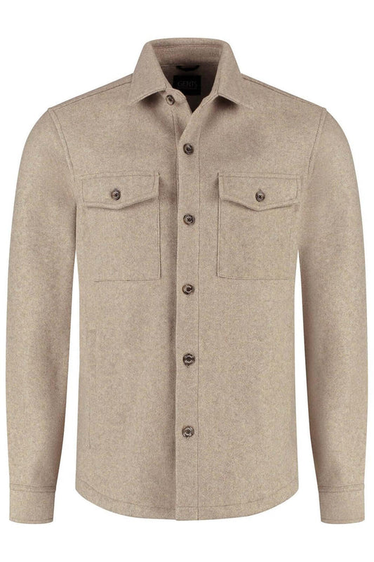 Overshirt beige met lange mouwen, knoopsluiting en borstzakken in een lichte kleur.