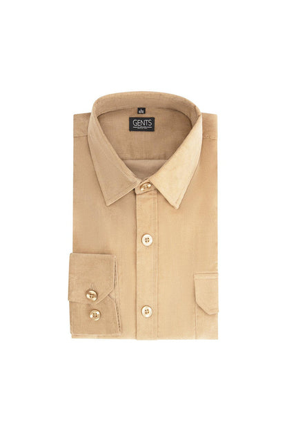 Overshirt corduroy zand in zandkleur met knoopsluiting, katoenen overshirt voor heren.