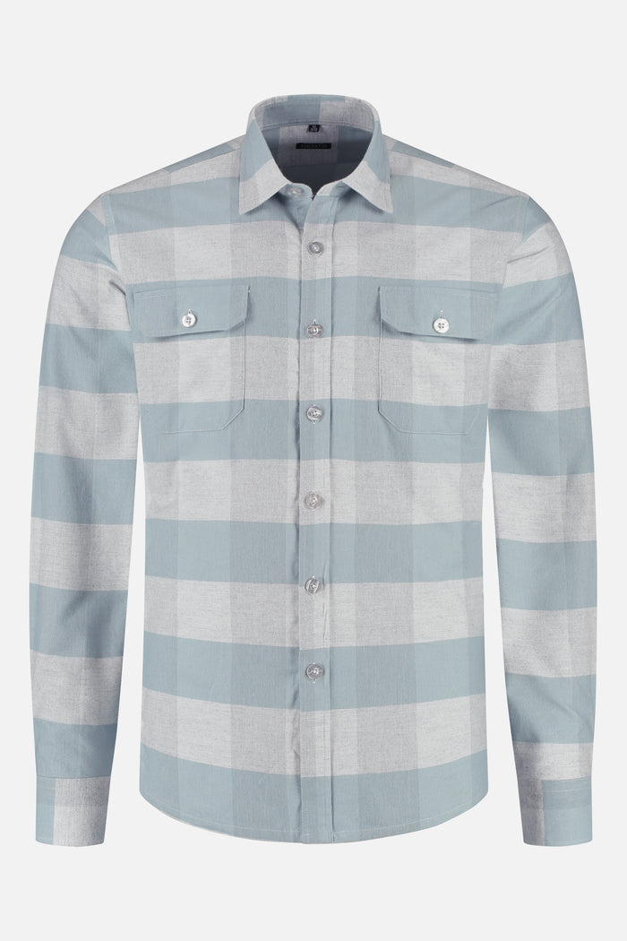 Overshirt light grey featuring a stylish plaid pattern with buttoned pockets.