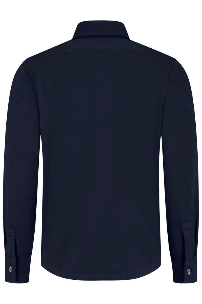 Overshirt navy, back view of a diepblauwe overshirt with long sleeves and buttoned cuffs.