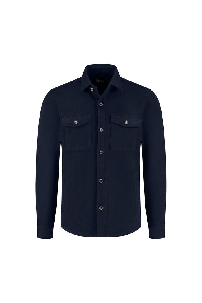 Overshirt navy with two chest pockets, flap, and button closure for men.