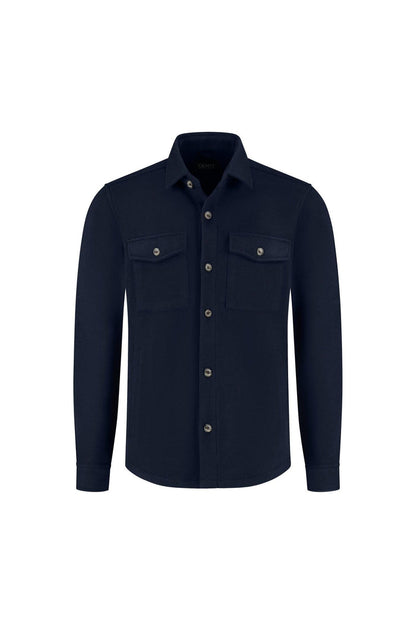 Overshirt navy with two chest pockets, flap, and button closure for men.