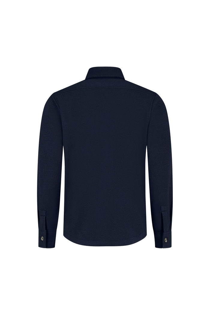 Back view of Overshirt navy with long sleeves and collar, ideal for casual occasions.