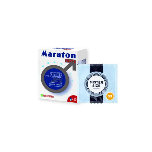 Pachet pentru bărbați: Capsule afrodisiace MARATON FORTE, 20 buc + Prezervativ ultra-subțire MISTER SIZE 53, 1 buc