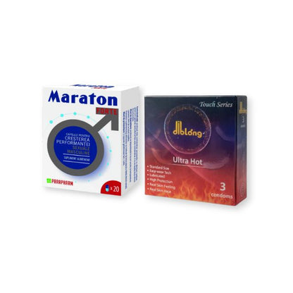 Pachet pentru bărbați: Capsule afrodisiace MARATON FORTE, 20 buc + Prezervative DIBLONG Ultra Hot, 3 buc