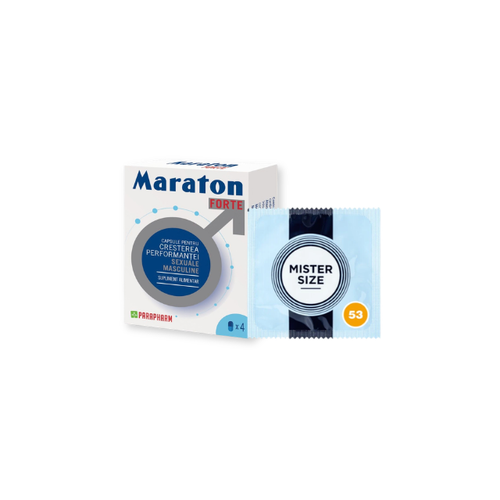 Pachet pentru bărbați: Capsule afrodisiace MARATON FORTE, 4 buc + Prezervativ ultra-subțire MISTER SIZE 53, 1 buc
