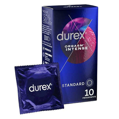 Pachet pentru cupluri: Gel intim Durex Orgasm Intense, 10 ml + Prezervative cu striații Durex Intense, 56 mm, 10 buc
