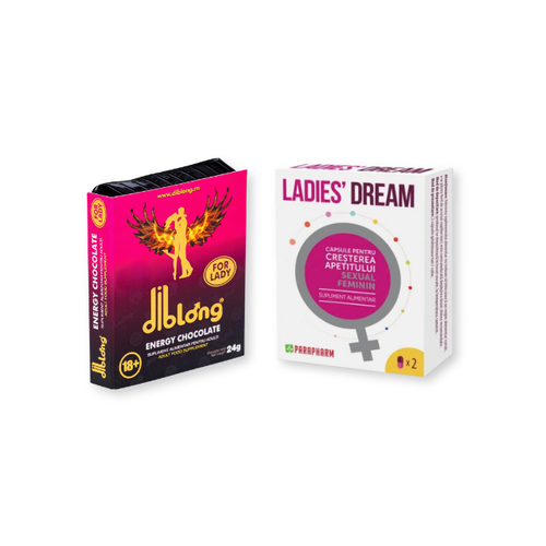 Pachet pentru femei: Capsule afrodisiace LADIES DREAM, 2 buc + Supliment alimentar pe bază de ciocolată DIBLONG Energy Chocolate for Lady, 24 g