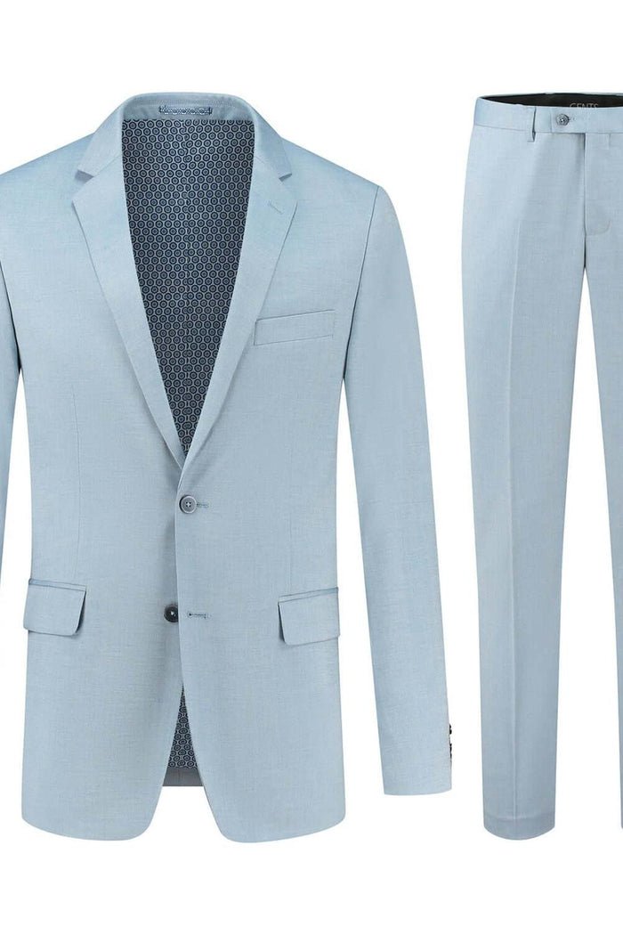 Pak 2-D wolmix ijs-blauw modern 2-delig wolmix pak in ijsblauw met klassieke snit.