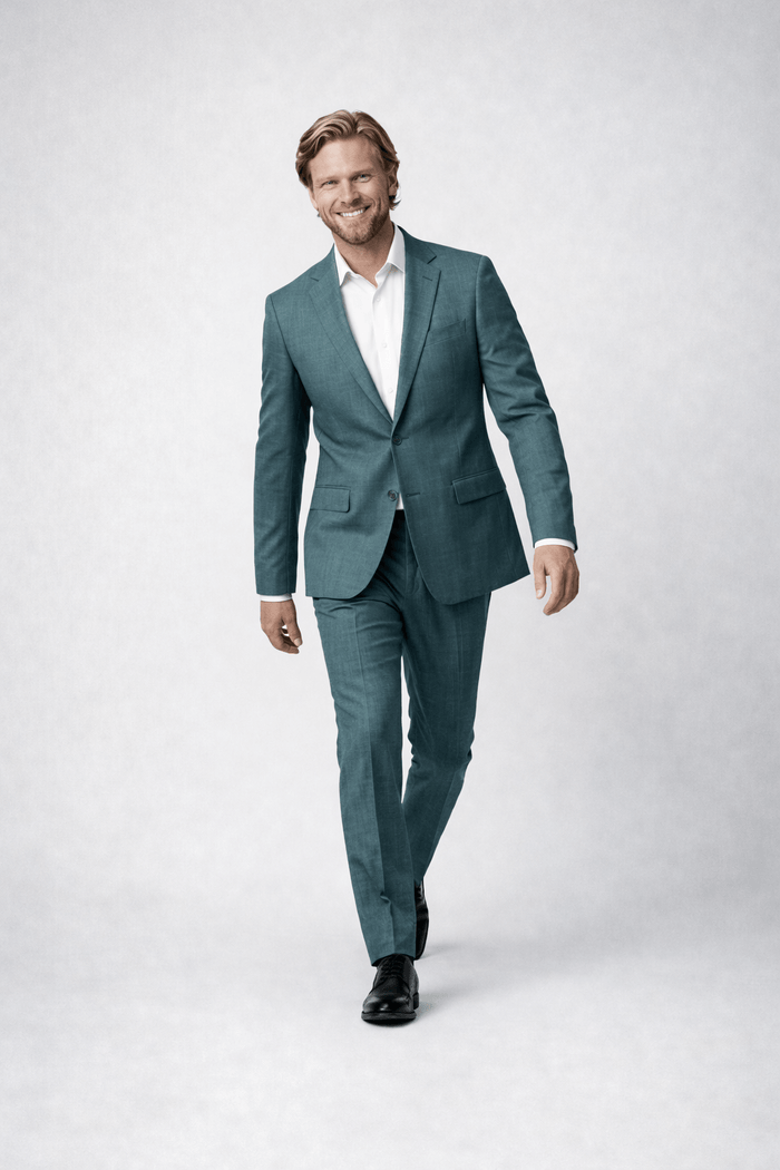 Man wearing Pak 2-delig Midnight Teal, a modern dark teal suit with a tailored fit.
