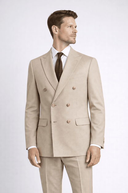 Pak 2-rij stretch dune beige, luxe beige tweedelig stretch-pak met moderne snit en uitstraling.