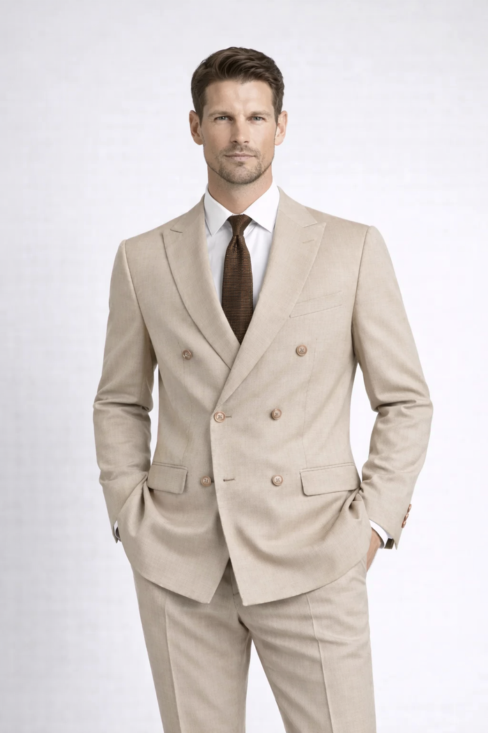 Pak 2-rij stretch dune beige - Beige tweedelig stretch-pak met moderne snit en uitstraling