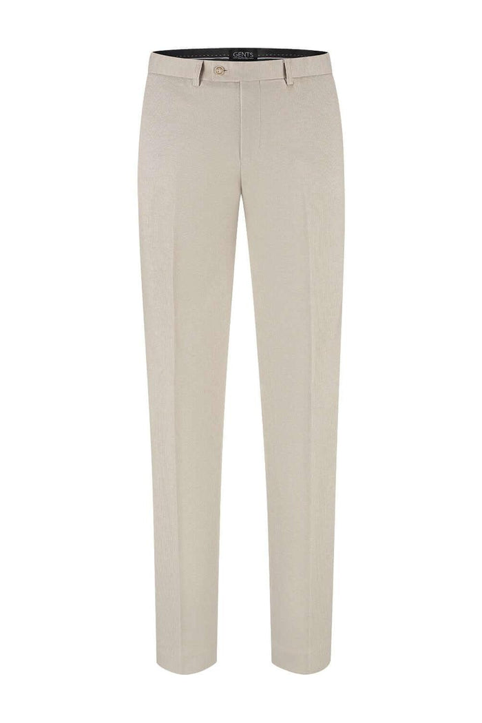 Pak 2-rij stretch dune beige, beige tweedelige stretch-pak met moderne snit.