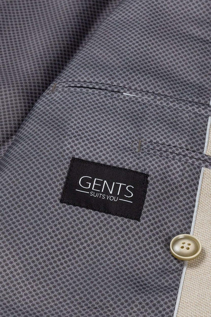 Pak 2-rij stretch dune beige - Label inside a stylish beige suit jacket by GENTS.