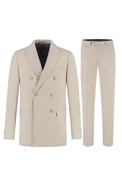 Pak 2-rij stretch dune beige, beige tweedelig stretch-pak met moderne snit en uitstraling.