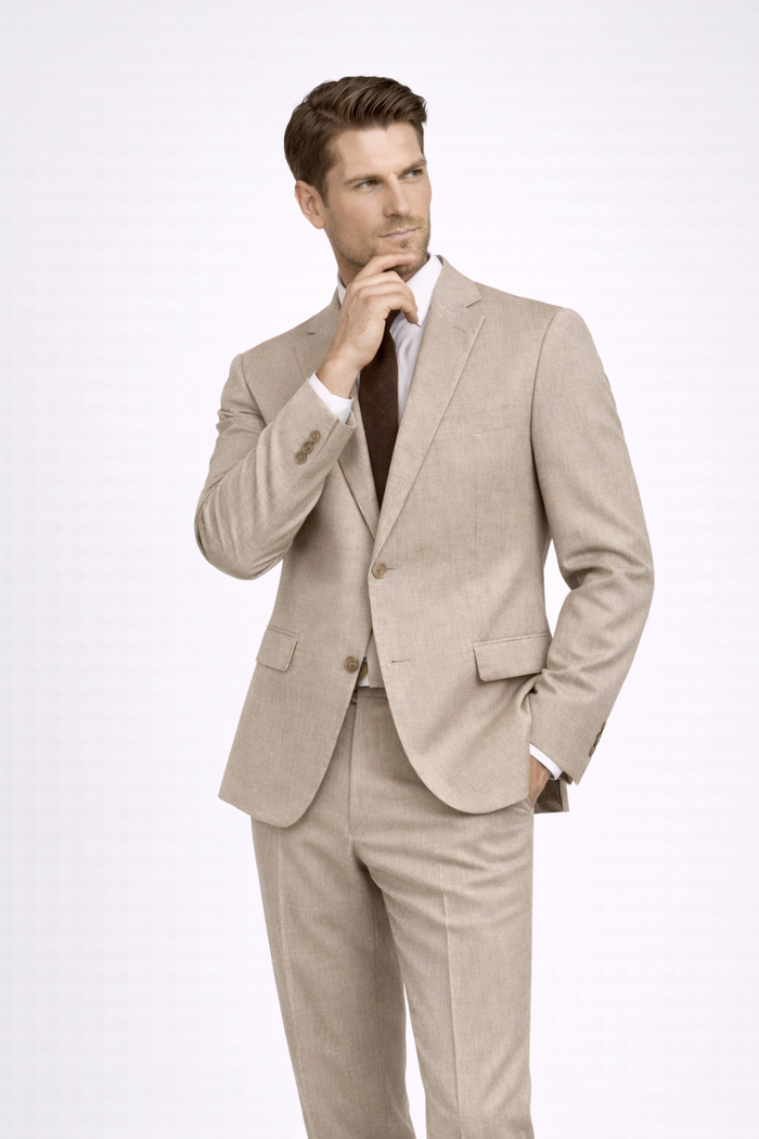 Pak cappuccino beige: stijlvolle beige wolmix met spandex en tencel, ideaal voor elke gelegenheid.