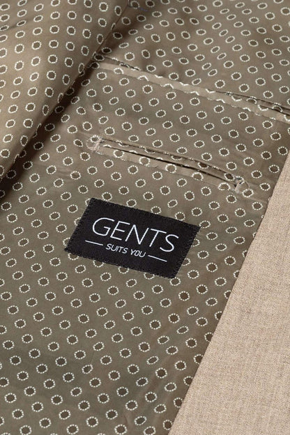 Pak cappuccino beige: binnenvoering van het pak met GENTS label en cirkelvormige print.