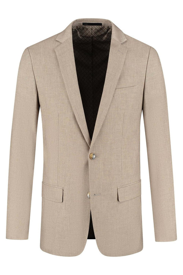 Pak cappuccino beige wolmix blazer met spandex en tencel, comfortabel en veelzijdig.