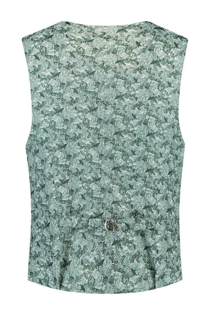 Pak ceder groen 3-delig, groene sleeveless top met bloemmotief en achterkant met ceintuur.