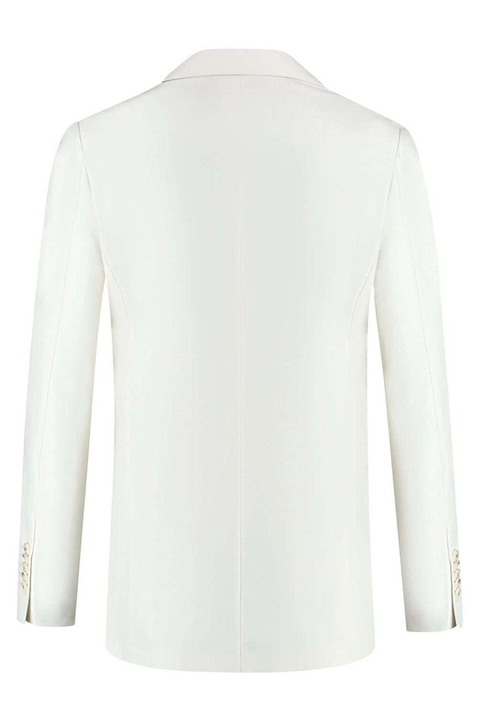 A view of the back of a Pak ivoorwit 2-delig jacket, showcasing its clean design and modern fit.