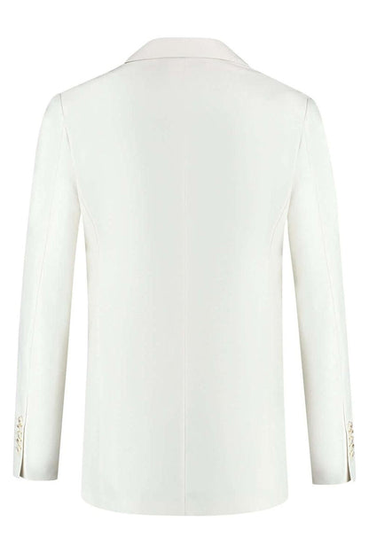 A view of the back of a Pak ivoorwit 2-delig jacket, showcasing its clean design and modern fit.